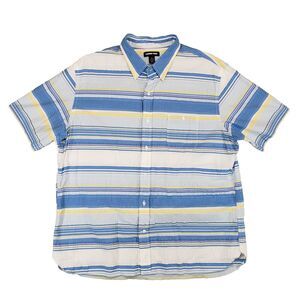 Lands End Tropical Seersucker Shirt Mens XL White Blue‎ Yellow Striped Aloha
